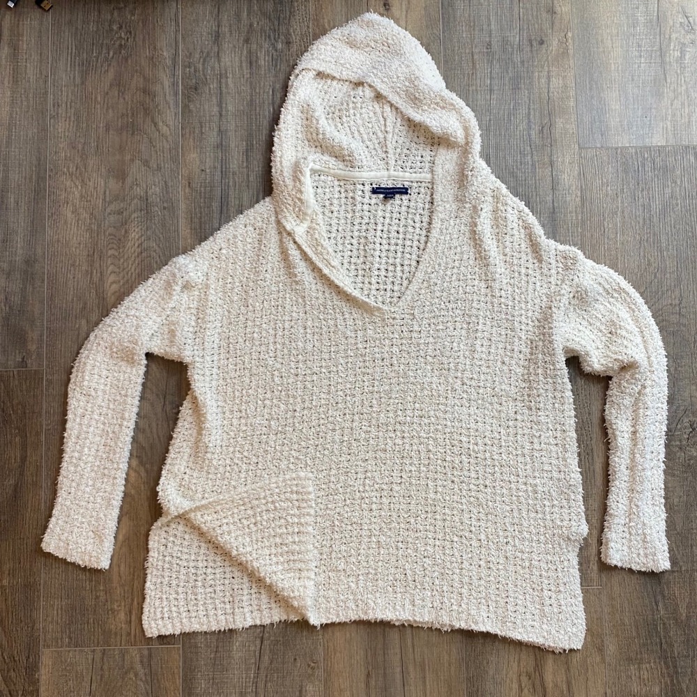 American Eagle Outfitters Cream Waffle Popcorn Knit Hooded Pullover Sweater L